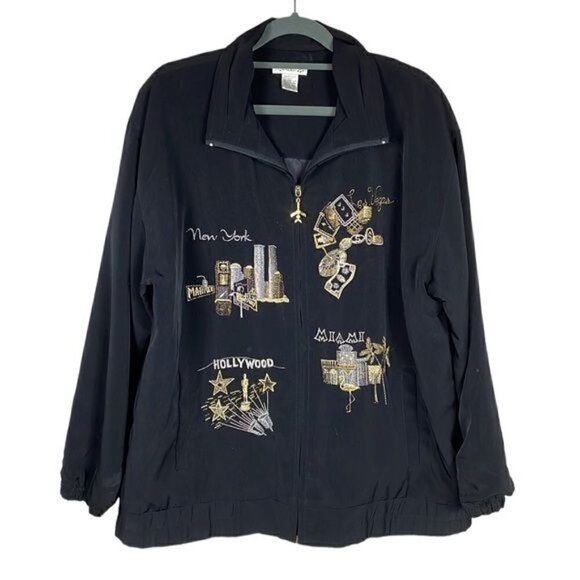 Vintage Mureli 90s Y2K Airline Travel Black Bomber Jacket Full Zip Embroidered M - Picture 1 of 11